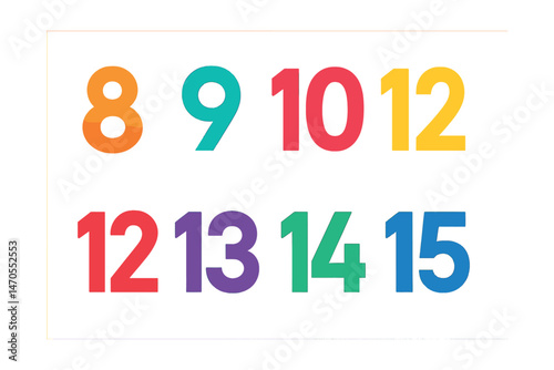 Flat vector icons of advanced digits: numeral 8, numeral 9, number 10, number 11, number 12, number 13, number 14, number 15.