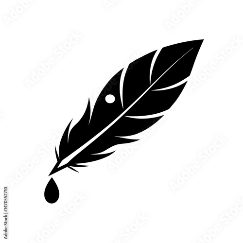 raven feather with blood drops icon on white 