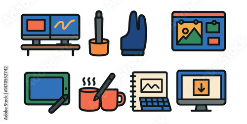 Flat vector icons of artist workspaces: desktop with dual monitors, digital pen stand, drawing glove, coffee mug next to tablet, inspiration moodboard, sketchbook beside keyboard, file export window,