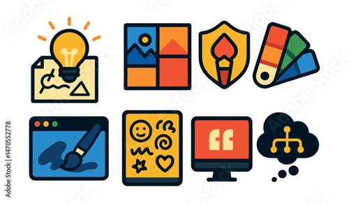 Flat vector icons of creative inspiration: glowing lightbulb over sketch, reference photo grid, digital art challenge badge, color palette swatches, brush experiment window, digital doodle page,
