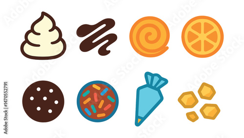 Flat vector icons of dessert toppings: whipped cream, chocolate drizzle, caramel swirl, fruit slice, powdered sugar, sprinkles, icing bag, chopped nuts.