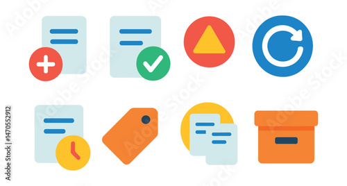 Flat vector icons of task management: new task icon, completed task, task priority, repeat task, task due icon, tag icon, task group, archive task.