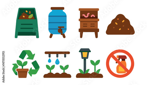Flat vector icons of eco garden practices: composting bin, rain barrel, worm farm box, mulch pile, recycled planter symbol, water-saving drip system, solar light near plants, no pesticide sign.