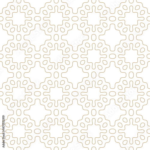 Simple abstract seamless ornament. Golden geometric pattern with curved lines, smooth shapes, linear grid. Subtle white and gold background texture. Repeated luxury geo design for decor, print, wrap