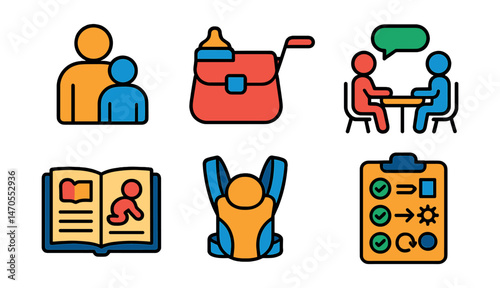 Flat vector icons of parenting support: parent and child icon, diaper bag, stroller, parent meeting, parenting book, baby carrier, baby wrap, routine chart.