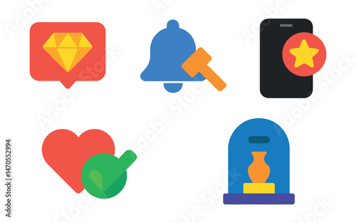 Flat vector icons of rare item alerts: “new find” pop-up, auction alert bell, app notification with star item, wishlist checkmark, spotlight on displayed object.