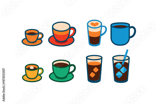 Flat vector icons of coffee drinks: espresso cup, cappuccino, latte with foam art, americano, macchiato, flat white, cold brew, iced coffee.