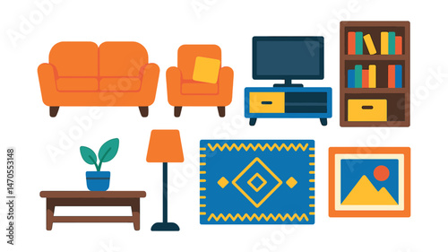 Flat vector icons of living room furniture: cozy sofa, armchair with pillow, TV stand, bookshelf, coffee table with plant, floor lamp, rug with pattern, wall art frame.