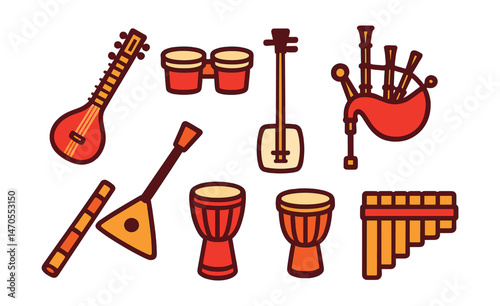 Flat vector icons of traditional instruments: sitar, bongos, shamisen, bagpipe, didgeridoo, balalaika, djembe, pan flute.