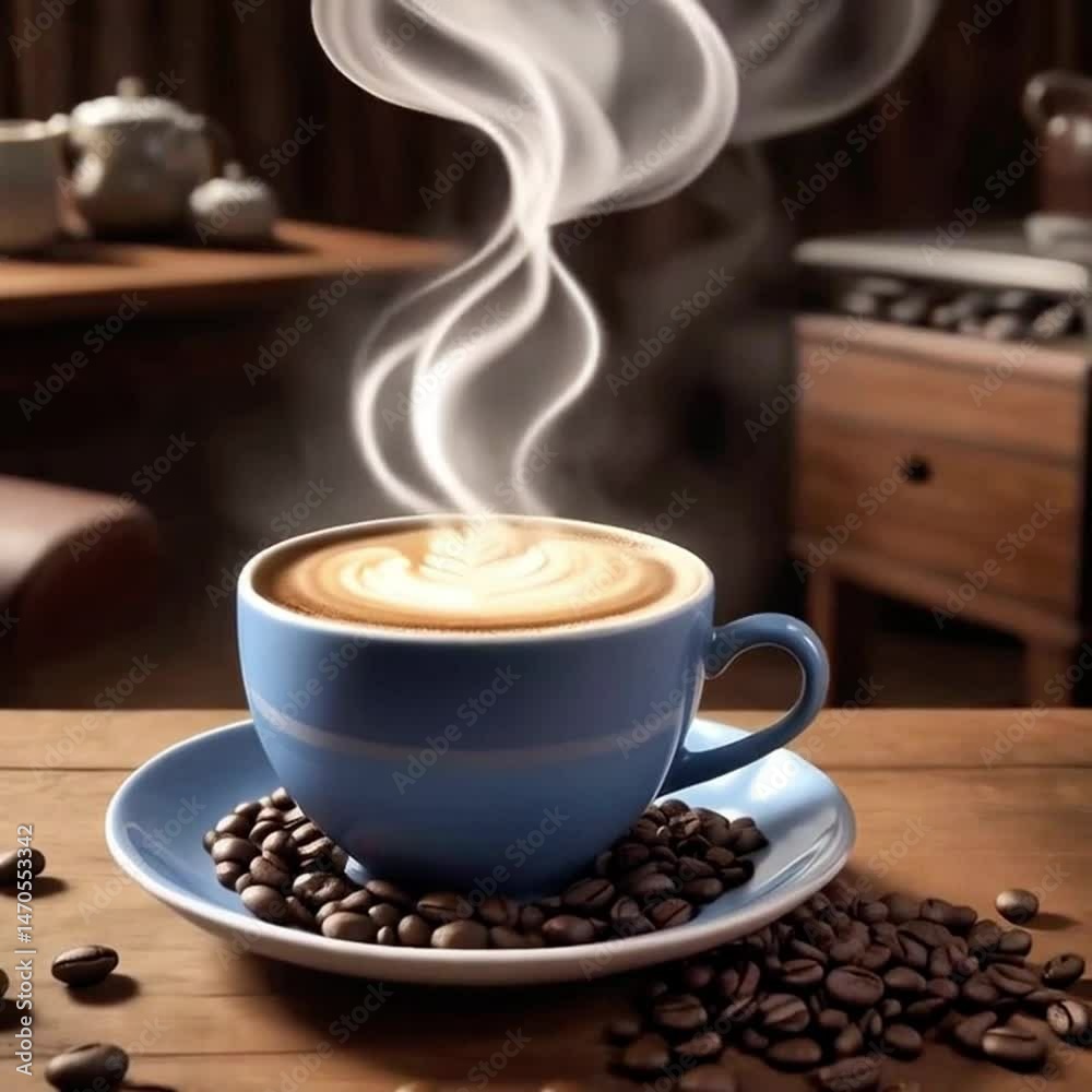 Steamy Cup of Coffee with Ground Beans on Wooden Table in 4K High Resolution Steamy Cup of Coffee with Ground Beans on Wooden Table in 4K High Resolution