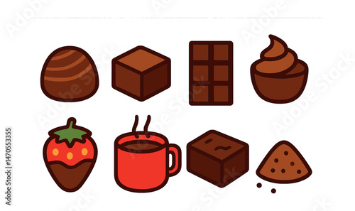 Flat vector icons of chocolate treats: chocolate truffle, fudge square, chocolate bar, chocolate mousse, dipped strawberry, hot cocoa, brownie slice, cocoa powder.