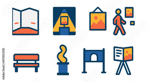 Flat vector icons of gallery spaces: white-walled gallery room, spotlight on artwork, hanging art frame, visitor walking through exhibit, bench in gallery hall, abstract sculpture pedestal, gallery