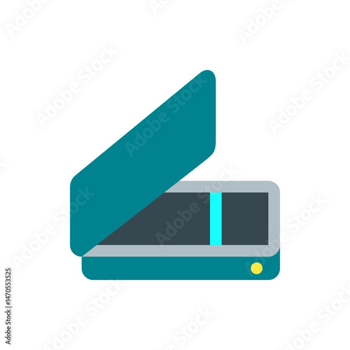 Illustration of a scanner with an open lid showing the scanning surface and a yellow power button detail