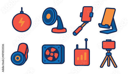Flat vector icons of mobile accessories: wireless charger pad, magnetic phone mount, selfie stick, foldable stand, clip-on lens, phone cooler fan, signal booster, phone tripod.