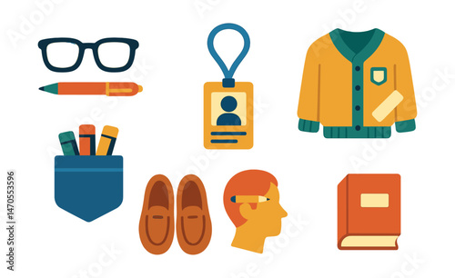 Flat vector icons of teacher attire and symbols: glasses with pen, cardigan with badge, ID lanyard, cozy sweater with chalk, pocket full of markers, loafers and clipboard, pencil behind ear,