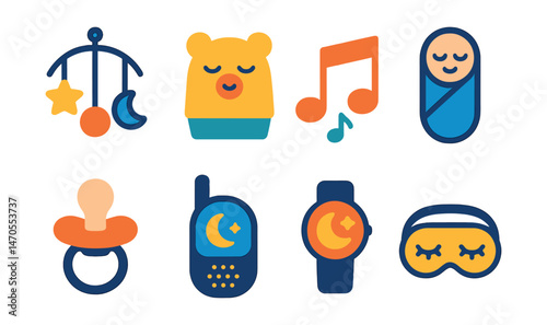 Flat vector icons of baby sleep: crib mobile, nightlight, lullaby music, swaddle, pacifier, baby monitor, sleep tracker, sleep mask.