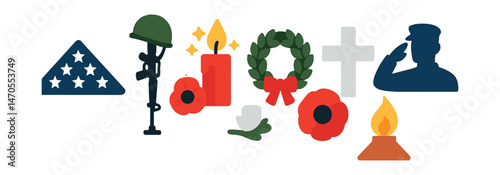 Flat vector icons of remembrance symbols: folded flag, military helmet on rifle, candle with stars, wreath with ribbon, white cross grave marker, poppy flower, eternal flame, silhouette of salute.
