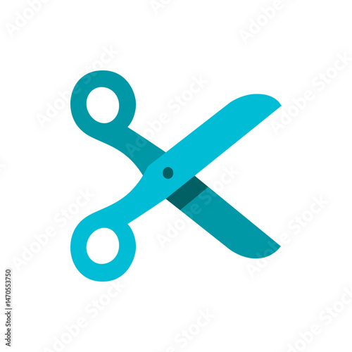 Illustration of a pair of teal scissors with rounded handles and blades against a white background design