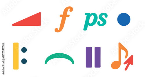 Flat vector icons of musical expressions: crescendo symbol, forte sign, pianissimo, staccato dot, repeat bar, legato curve, pause icon, tempo mark.