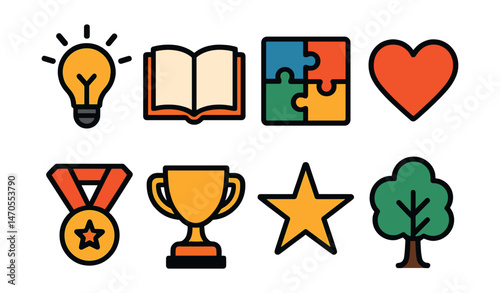 Flat vector icons of educational values: lightbulb for inspiration, open book for learning, puzzle for creativity, heart for care, medal for recognition, trophy for excellence, star for leadership,