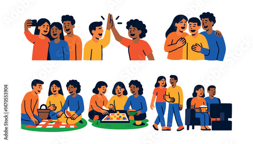 Flat vector icons of friends’ activities: group selfie, friends high-fiving, laughing together, picnic on grass, playing board game, walking with arms linked, cooking together, movie night.