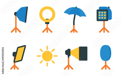 Flat vector icons of lighting setups: softbox, ring light, umbrella reflector, LED panel, bounce board, natural light icon, backlight setup, diffuser.