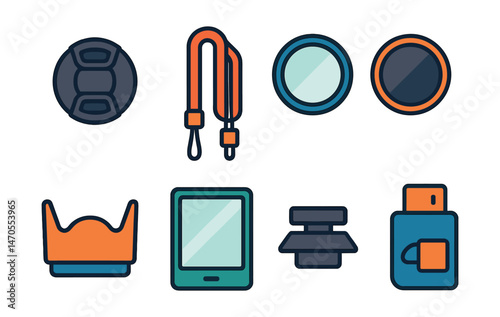 Flat vector icons of photography accessories: lens cap, camera strap, UV filter, ND filter, lens hood, screen protector, hot shoe, SD reader.