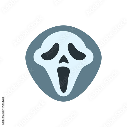 Illustration of a ghost face mask with dark eyes and mouth in a gray oval shape on a white background
