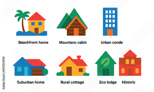Flat vector icons of property types: beachfront home, mountain cabin, urban condo, gated community, suburban home, rural cottage, eco lodge, historic house.