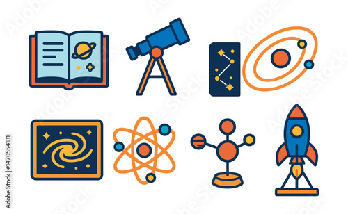 Flat vector icons of space science and learning: open astronomy book, telescope on tripod, star map, orbit diagram, galaxy chart, atom with orbit, planetary model, school project rocket.