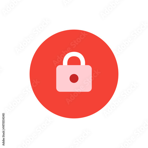 Illustration of a pink padlock with a red center set against a solid red circular background design element