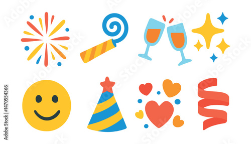 Flat vector icons of celebration symbols: firework burst, party horn, clinking glasses, star sparkles, happy face, celebration hat, heart confetti, ribbon wrap.