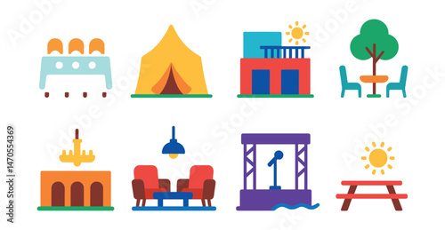 Flat vector icons of event venues: banquet hall, outdoor tent, rooftop terrace, garden setting, ballroom, lounge area, beach stage, picnic table.