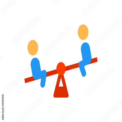 Two stylized figures on a seesaw with an orange fulcrum and a red balance beam in a simple illustration