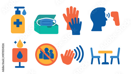 Flat vector icons of party safety and hygiene: hand sanitizer, mask box, disposable gloves, temperature check, clean station, crowd limit sign, contactless icon, table spacing.
