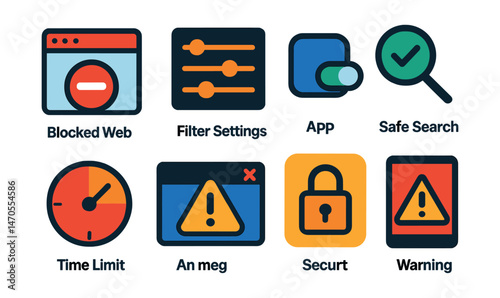 Flat vector icons of filtering and restriction tools: blocked website icon, filter settings interface, app permission toggle, safe search icon, time limit screen, content alert pop-up, device lock