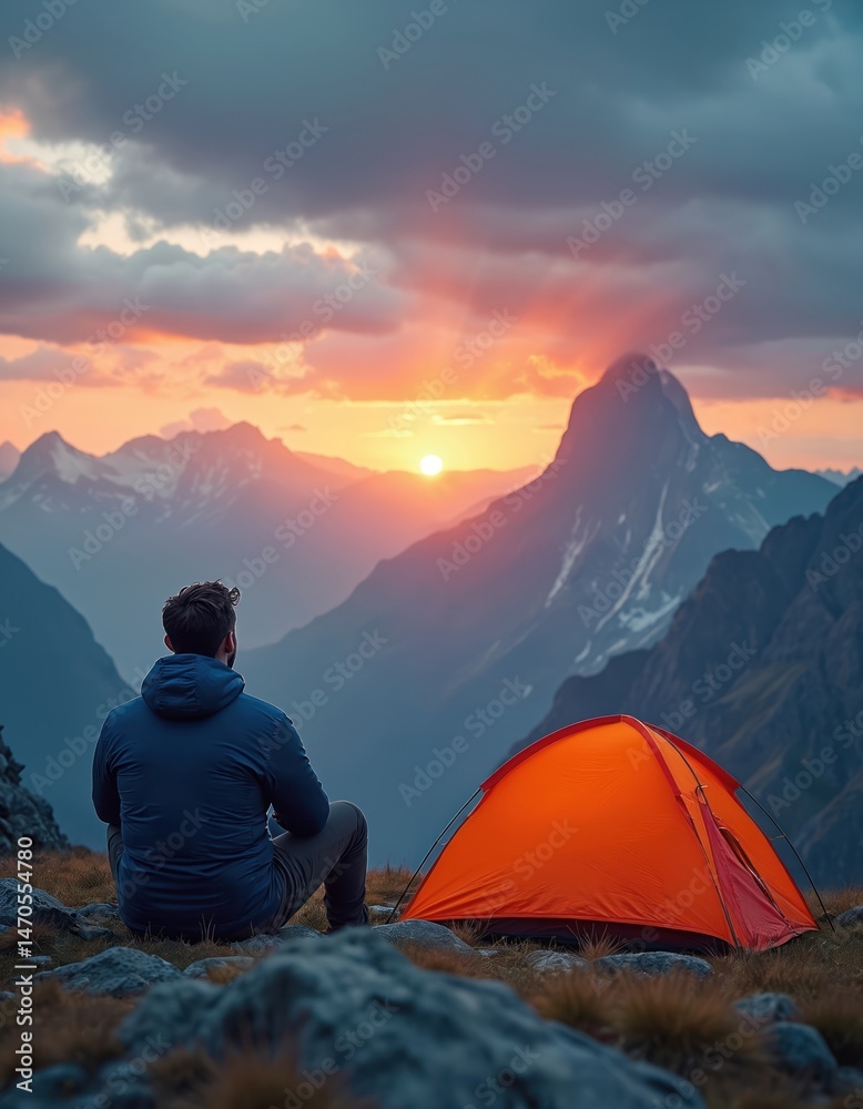 Fototapeta premium Person sits near tent overlooking stunning mountain range at sunrise. Enjoying serene view and tranquility of nature. Travel, adventure, exploration, holiday. Mountain peak, camping, hiking, tour.