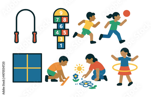 Flat vector icons of outdoor school games: jump rope, hopscotch grid, tag chase scene, ball toss, four square court, running race start, chalk drawing activity, hula hoop spin.