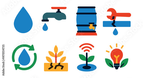 Flat vector icons of water conservation: water drop, low-flow faucet, rain barrel, leak fix, water-saving icon, dry garden, smart irrigation, conservation tip.