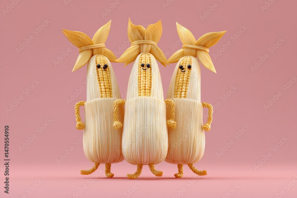 Fototapeta premium Cute Corn Characters on Pink.