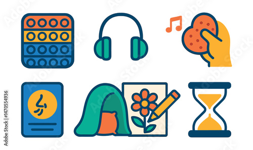 Flat vector icons of quiet time options: fidget toy, soft beanbag seat, headphones for calming music, stress ball, breathing card, soft blanket nook, mindful coloring, hourglass timer.