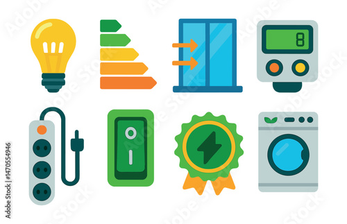 Flat vector icons of energy efficiency: LED bulb, energy rating, insulated window, smart meter, power strip, green switch, efficiency badge, eco appliance.