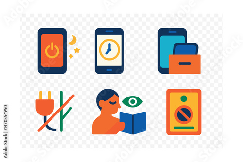 Flat vector icons of healthy screen habits: turning off phone at night, scheduled screen time, phone in drawer, setting do not disturb mode, unplugging symbol, taking eye break, reading book instead