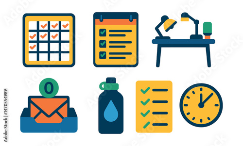 Flat vector icons of productive habits: habit tracker, daily planner, focus timer, clean desk, inbox zero, water bottle, task list, time block.