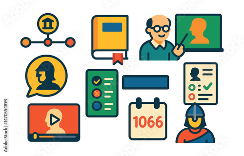 Flat vector icons of historical education: timeline with icons, history book with bookmark, history teacher at board, historical quiz sheet, past event bubble, video documentary icon, date flashcard,