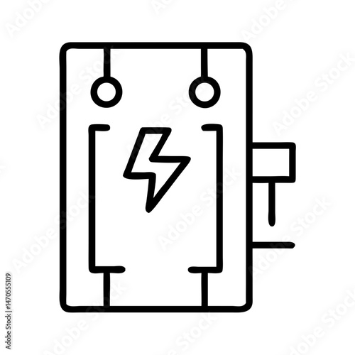 Line icon of electric fuse box or circuit breaker with lightning bolt symbol, black outline style, concept of electrical safety and power control unit