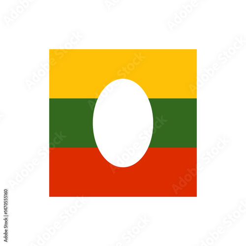 Illustration of a flag with horizontal bands of yellow green and red with a white circle overlaying it