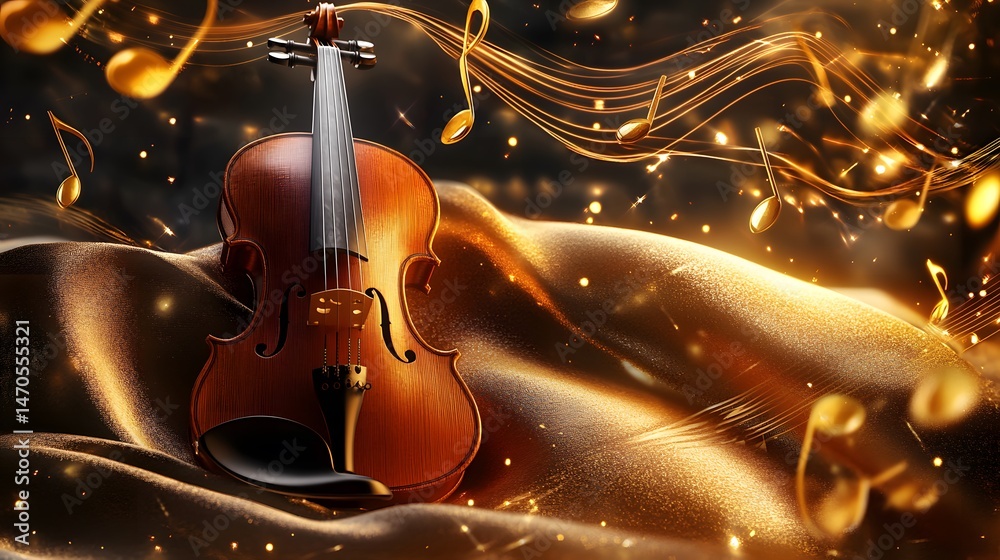 Fototapeta premium Elegant Violin on Golden Fabric with Musical Notes - Artistic Music Background