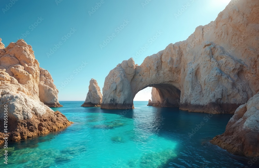 El Arco rock formation at Cabo San Lucas Mexico with arch, azure turquoise ocean water, sunny day. Popular travel destination, vacation spot, perfect summer holiday destination. El Arco rock formation at Cabo San Lucas Mexico with arch, azure turquoise ocean water, sunny day. Popular travel destination, vacation spot, perfect summer holiday destination.