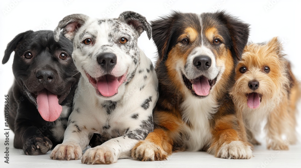 Fototapeta premium Playful group of dogs, isolated on background